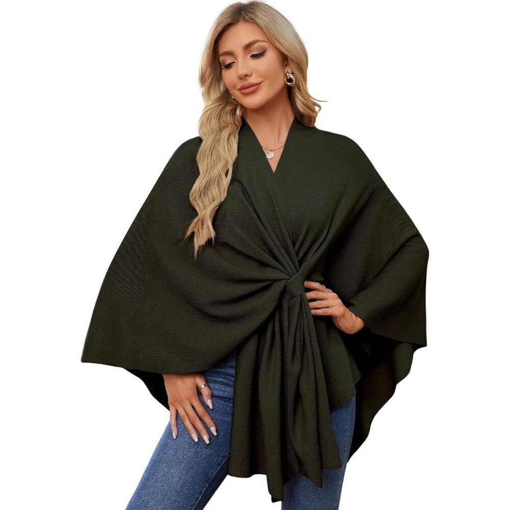 Women's Dark Army Green Elegant Poncho Sweater For Spring Fall Winter Shawl Wrap